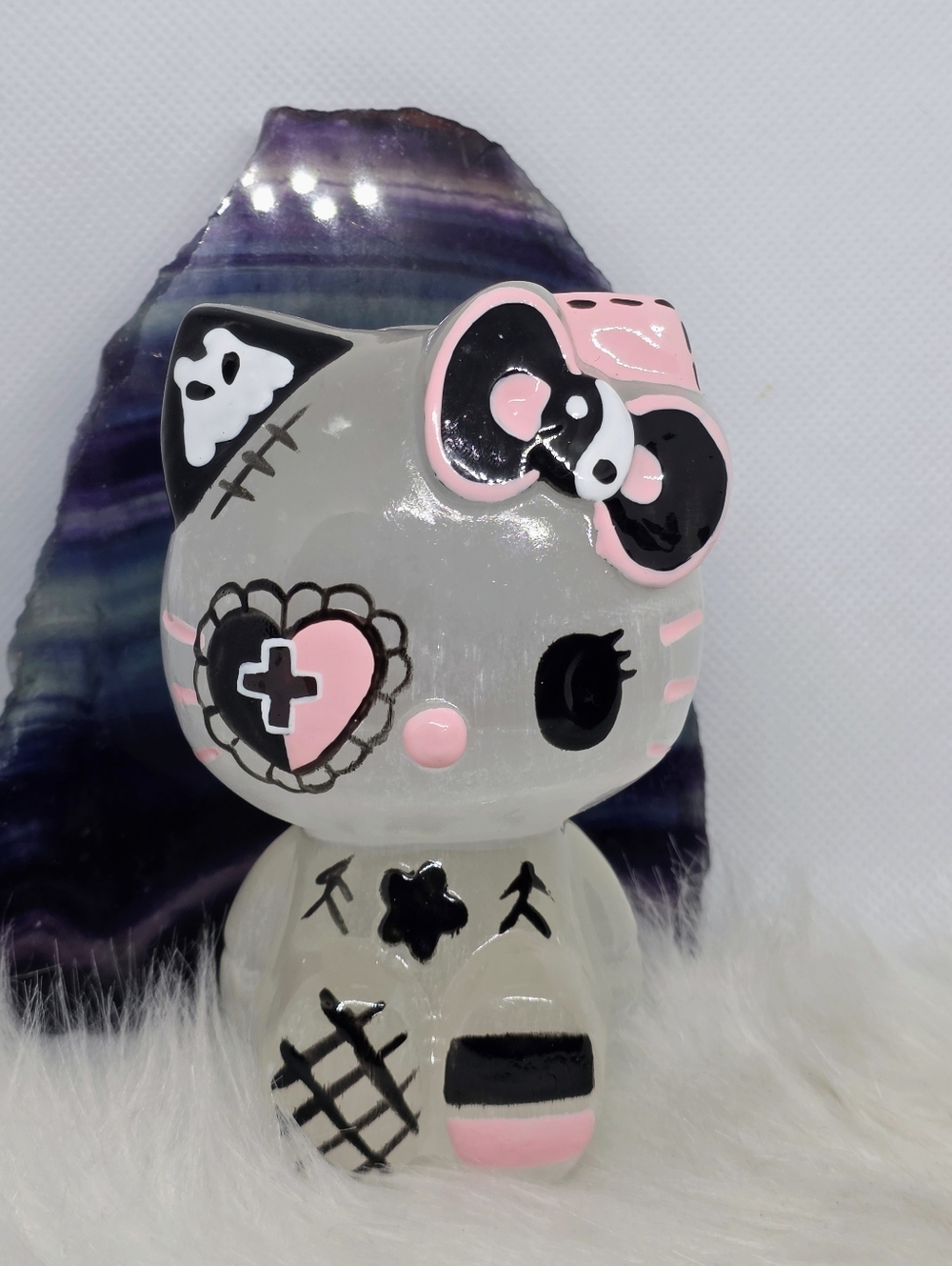 Selenite Hello Kitty Style Goth Carving Pink Black Kawaii Crystal 4”